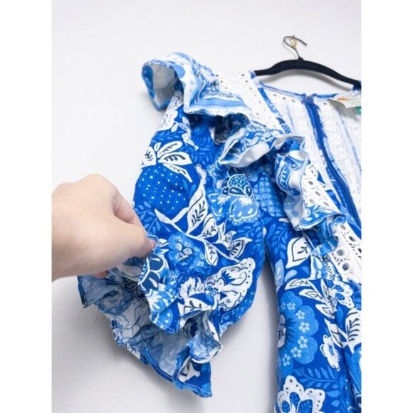 Farm Rio Full of Flowers Linen Ruffle Jumpsuit S Floral Lace Belted Vneck - Picture 6 of 13